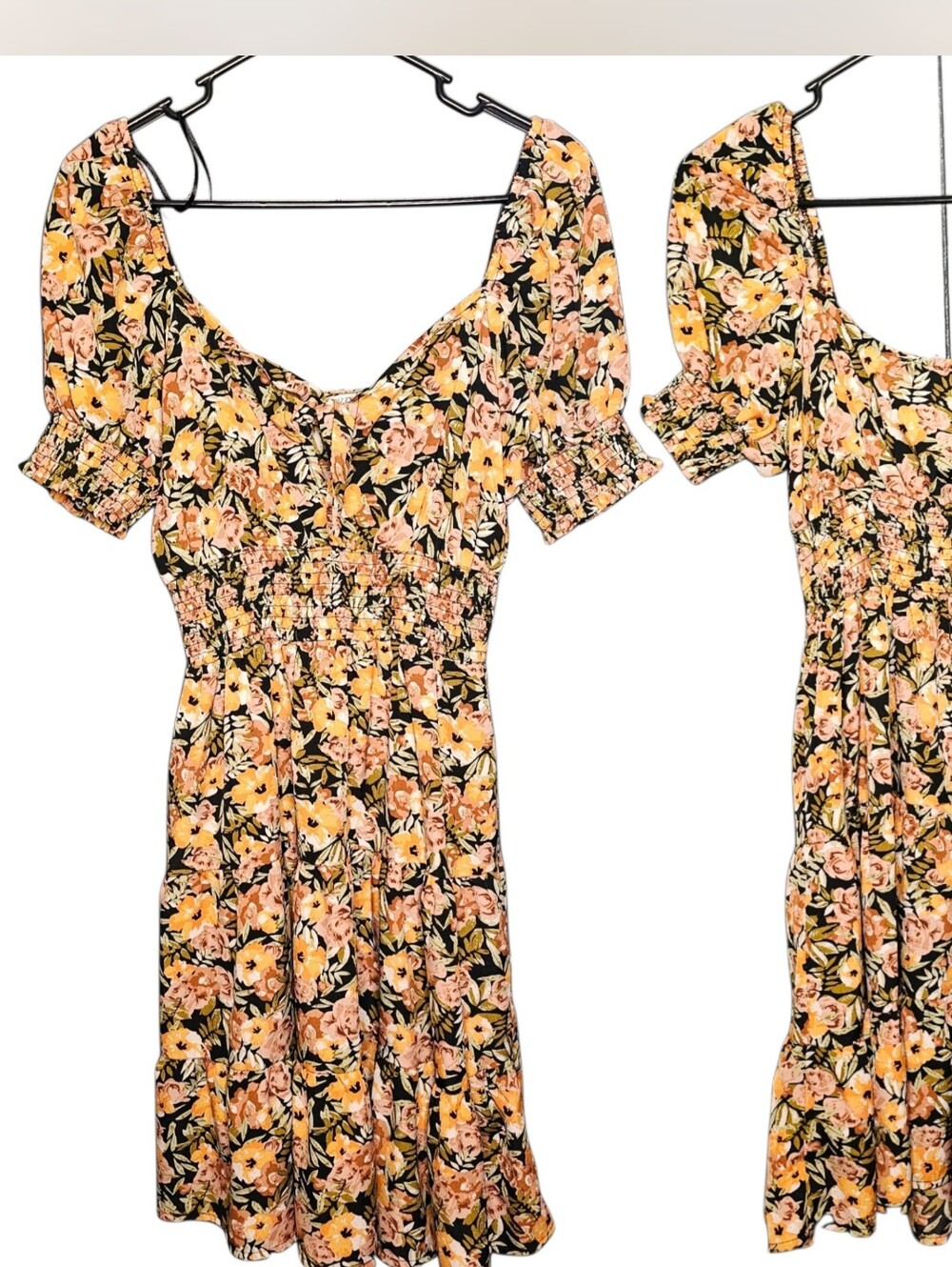 Floral Puff-Sleeve Black Dress with Orange And Dusty Pink Blooms